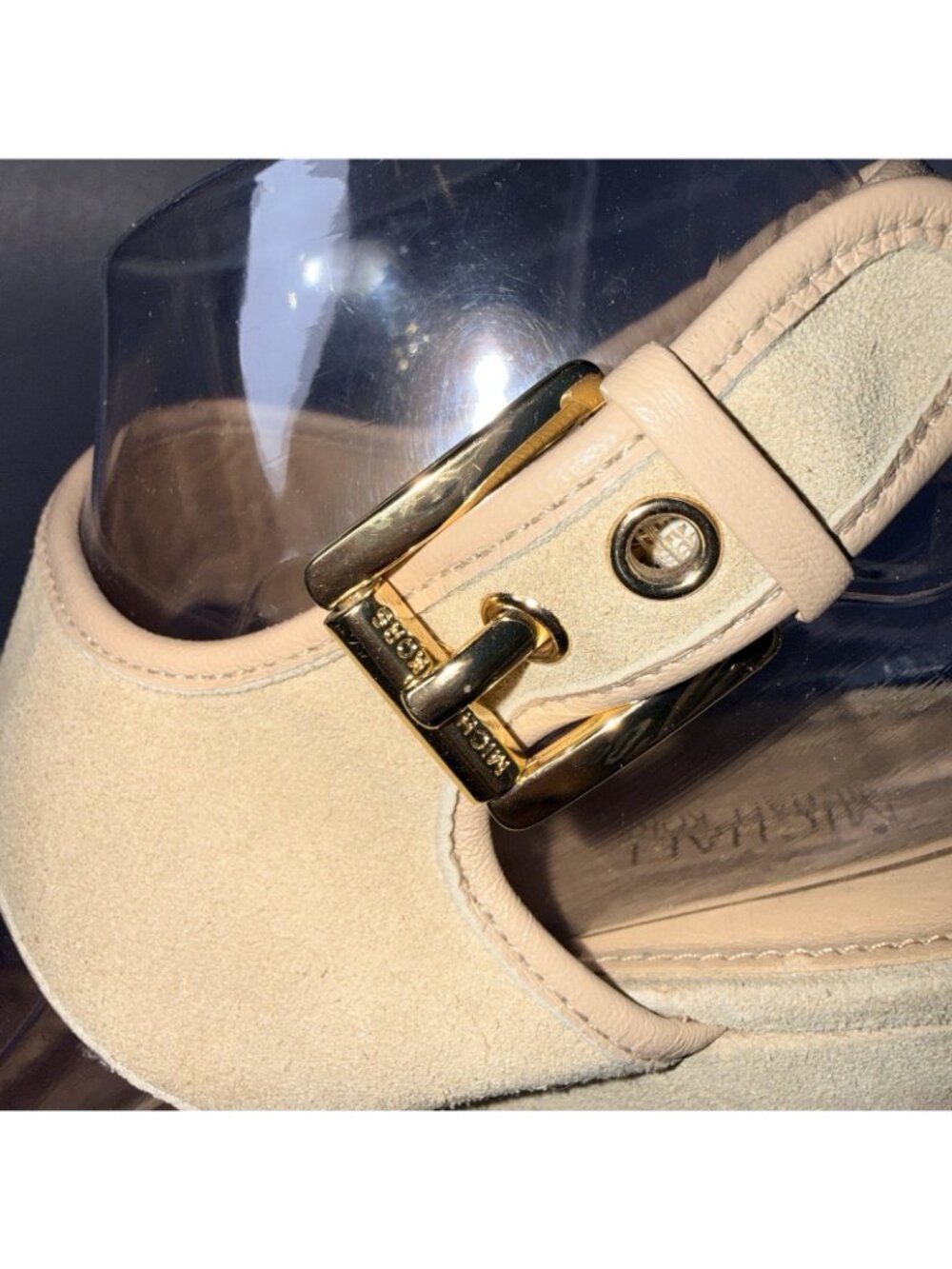 Michael Kors Tan Suede Wedge Sandals Gold Hardware Platform Heels Buckle Strap - Picture 5 of 7